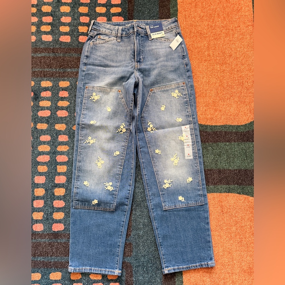 Old Navy Blue Straight-Leg Jeans with Floral Embroidery - size 6
